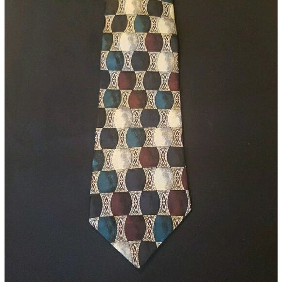 MARK ALEXANDER Men's Tie Geometric Green Blue Cream and Red 4" Width Formal/Work - Picture 1 of 4